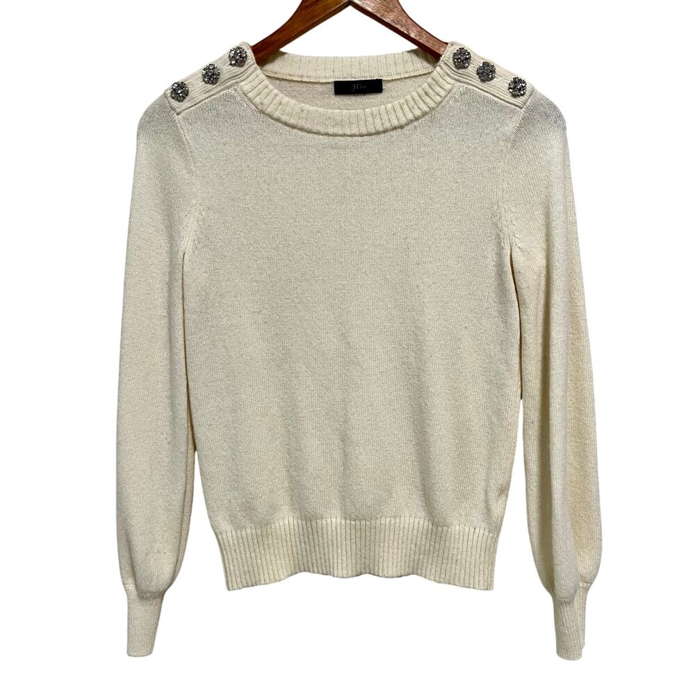 J.Crew Cream Wool Blend Sweater Jeweled Button Shoulder Embellished Crewneck XS